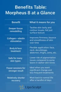 How Often Can I have Morpheus 8? 3 Table showing the benefits of Morpheus 8 treatment from Lipo Sculpt Portsmouth